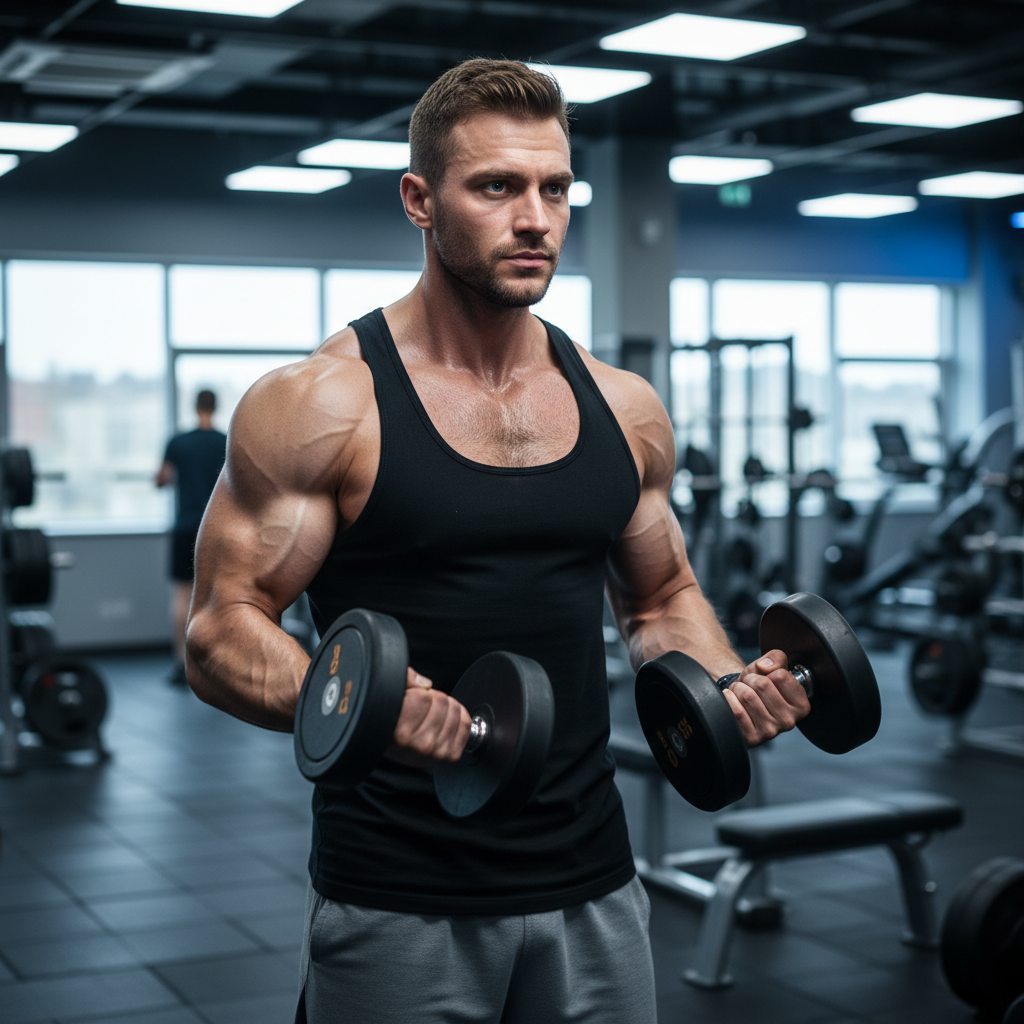AI muscle generator result showing a man with an athletic gym body and muscle pump holding dumbbells mid workout