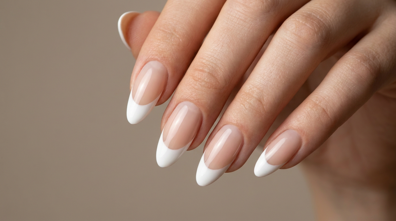 Modern French manicure with glossy white tips on almond nails designed with the AI nail art generator