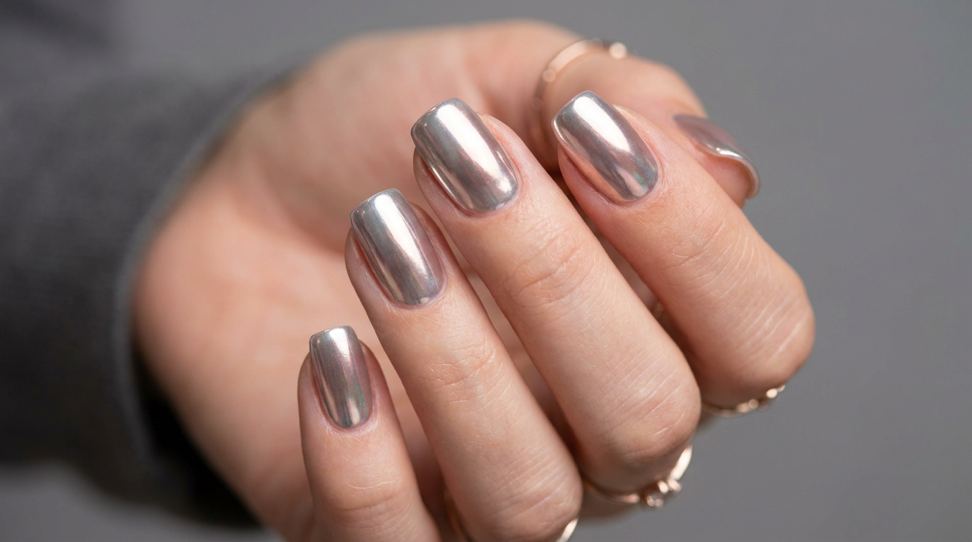 Chrome mirror metallic nail art in silver and rose gold created with the AI nail art generator