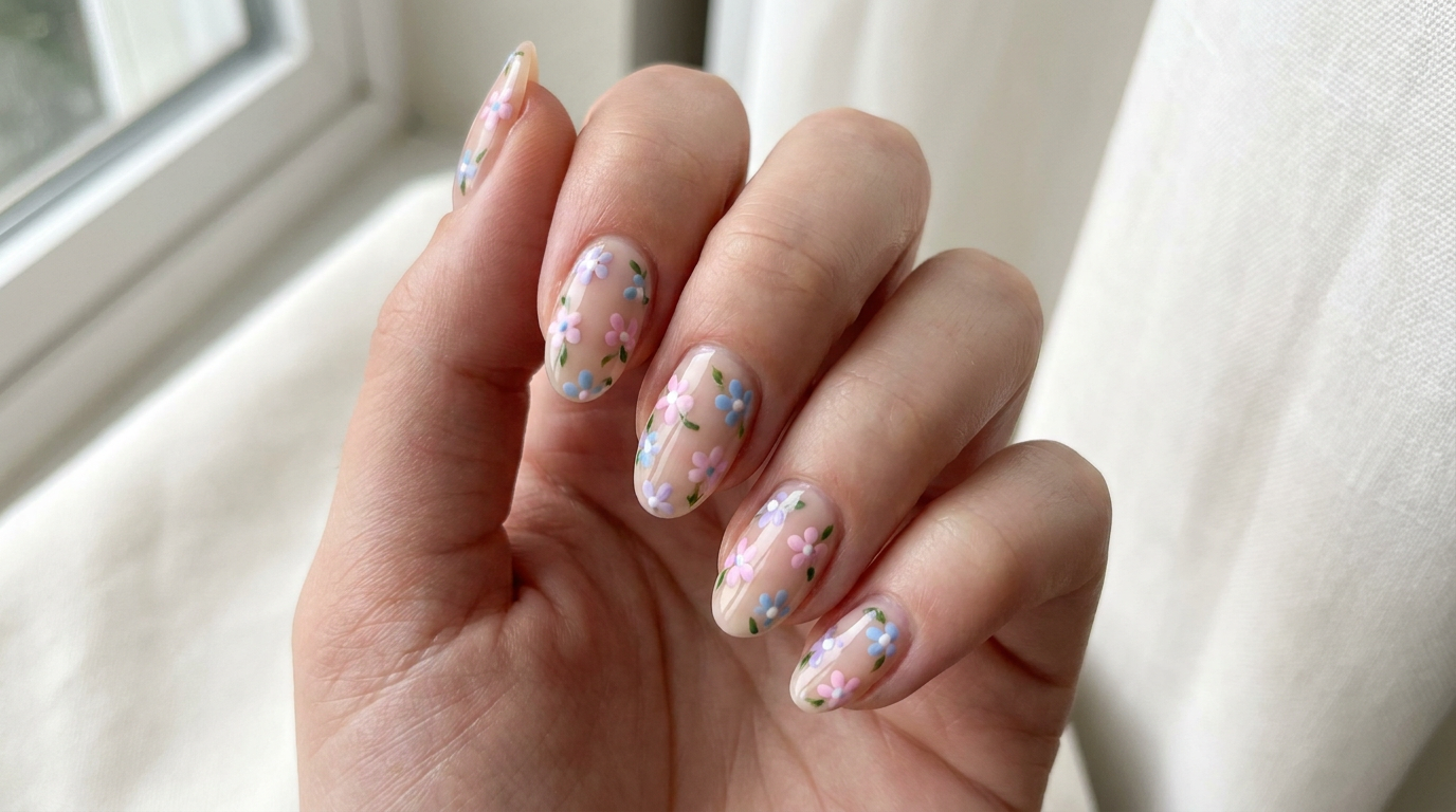 Delicate hand-painted floral nail art on a nude base made with the AI nail art generator