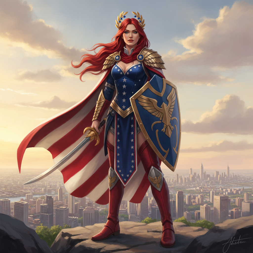 AI nation-state style generator output — a majestic national personification character in flag-inspired ornate costume standing proud with cinematic lighting