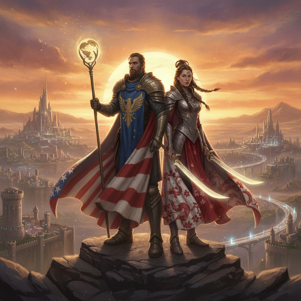 AI nation-state style generator art of two nation personification characters standing together as allies in epic fantasy concept art with flag-motif capes