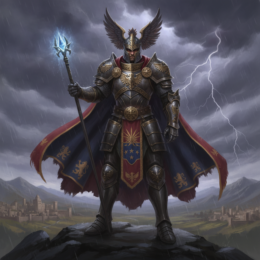 AI nation-state style art of a powerful national figure in armored regalia decorated with country emblems and heraldry, generated by the AI nation-state style generator