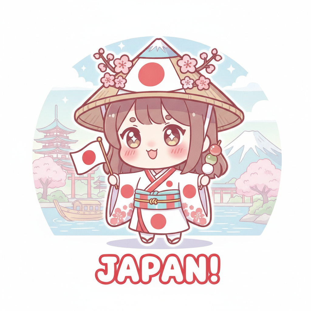 AI nation-state style generator chibi mascot character with flag-colored outfit and cultural landmarks in the background, kawaii illustration