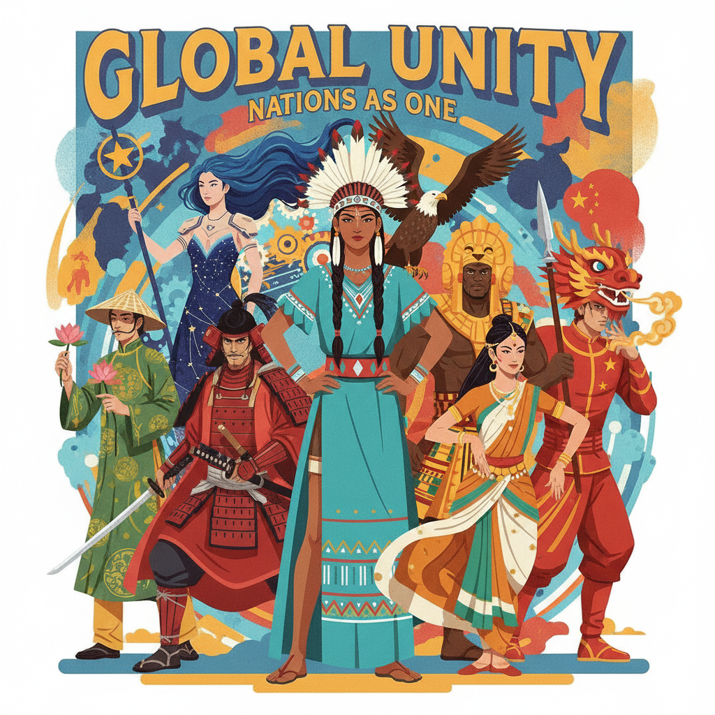 AI nation-state style group portrait of diverse nation personification characters in distinct cultural costumes, vibrant flat illustration created with the AI nation-state style generator