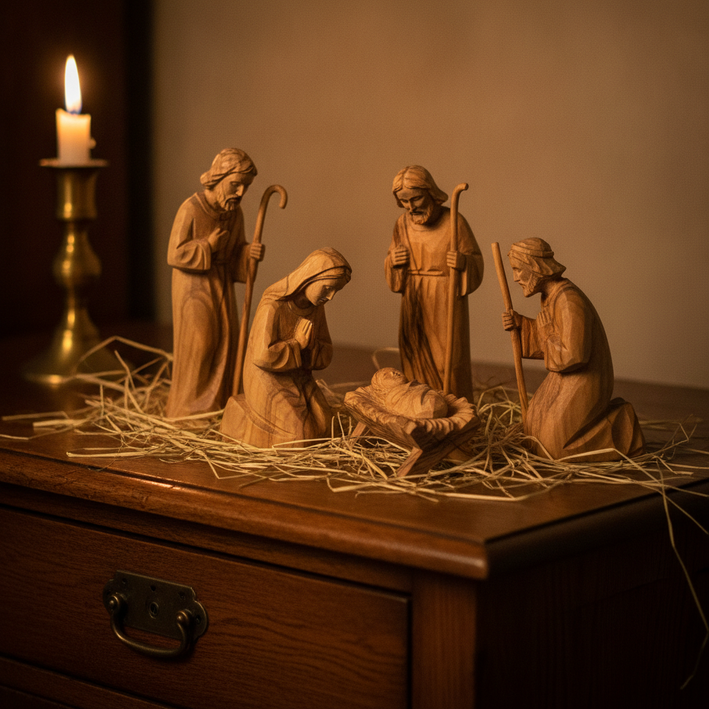 Hand-carved olive-wood nativity set on a dark sideboard in candlelight, with Mary, Joseph, the manger and two shepherds surrounded by loose straw