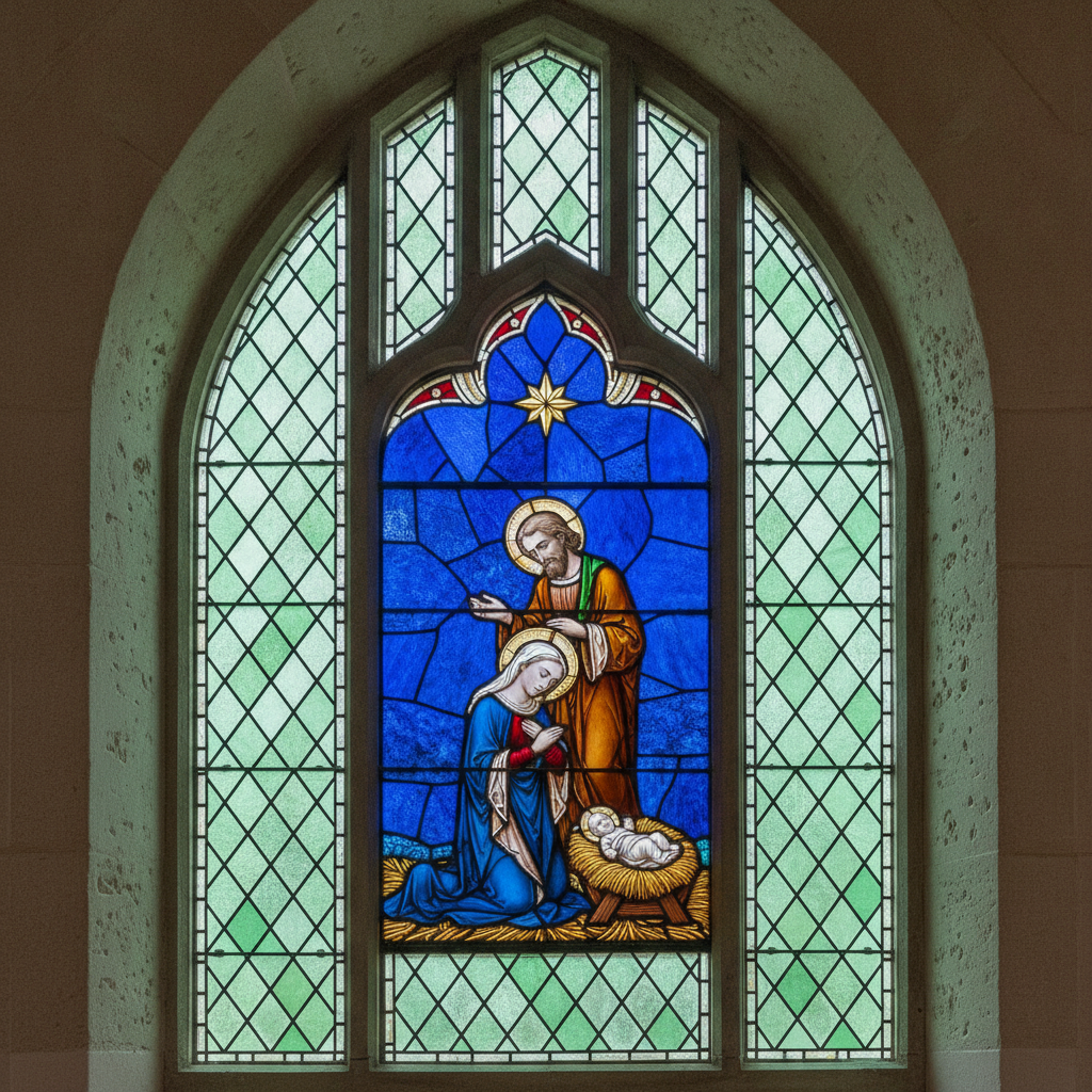 Stained glass church window nativity in cobalt, ruby and amber glass with a gold star above the manger and a diamond quarry border