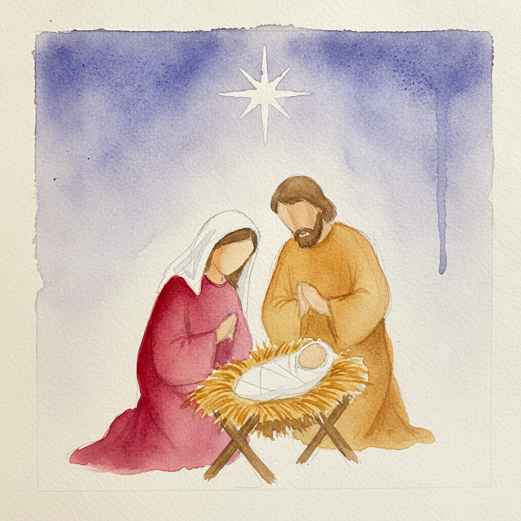 Loose watercolour nativity painted on cold-pressed paper, Mary in crimson and Joseph in ochre beside the manger under a single star