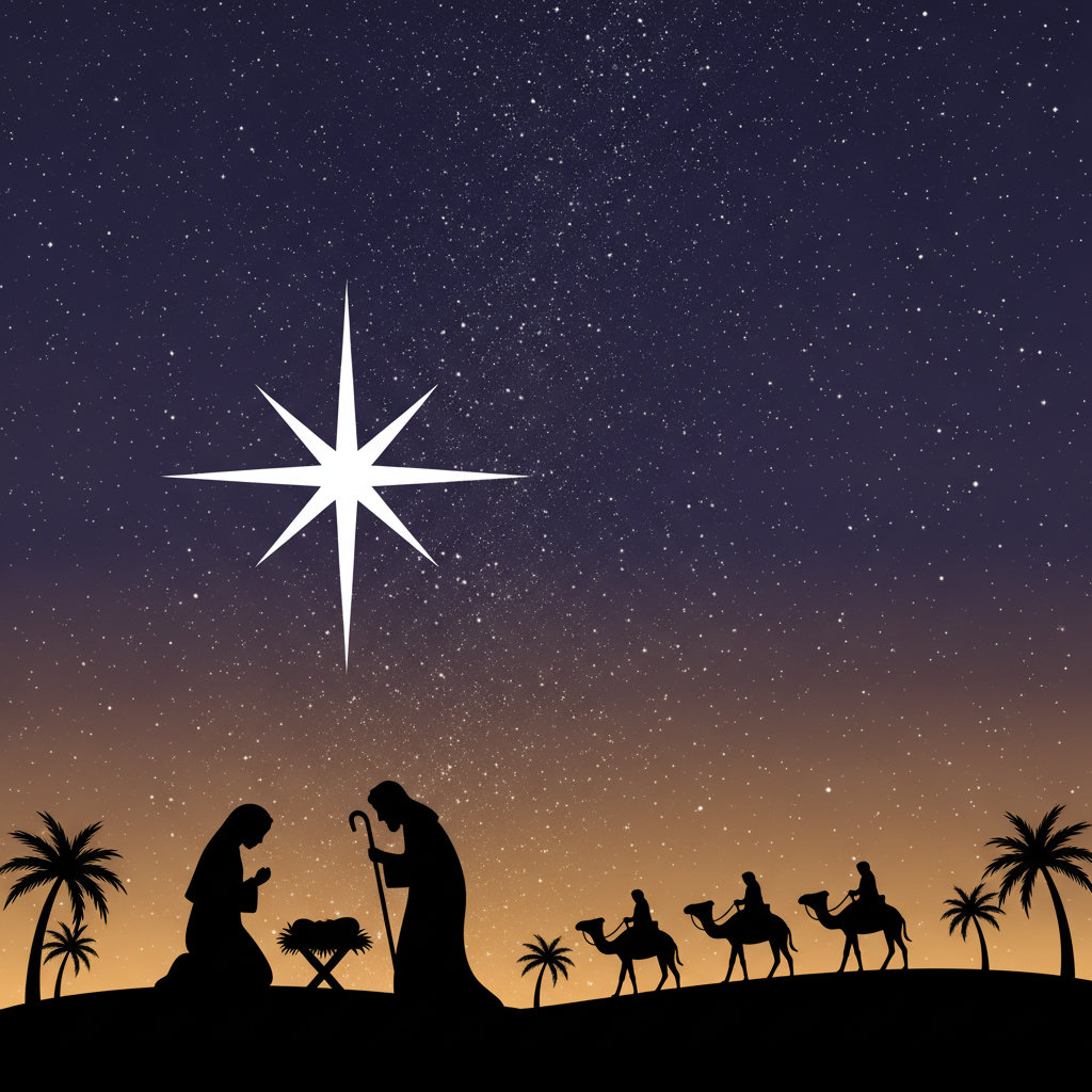 Flat silhouette nativity against an indigo starlit sky with camel riders on the ridge and a large eight-pointed star