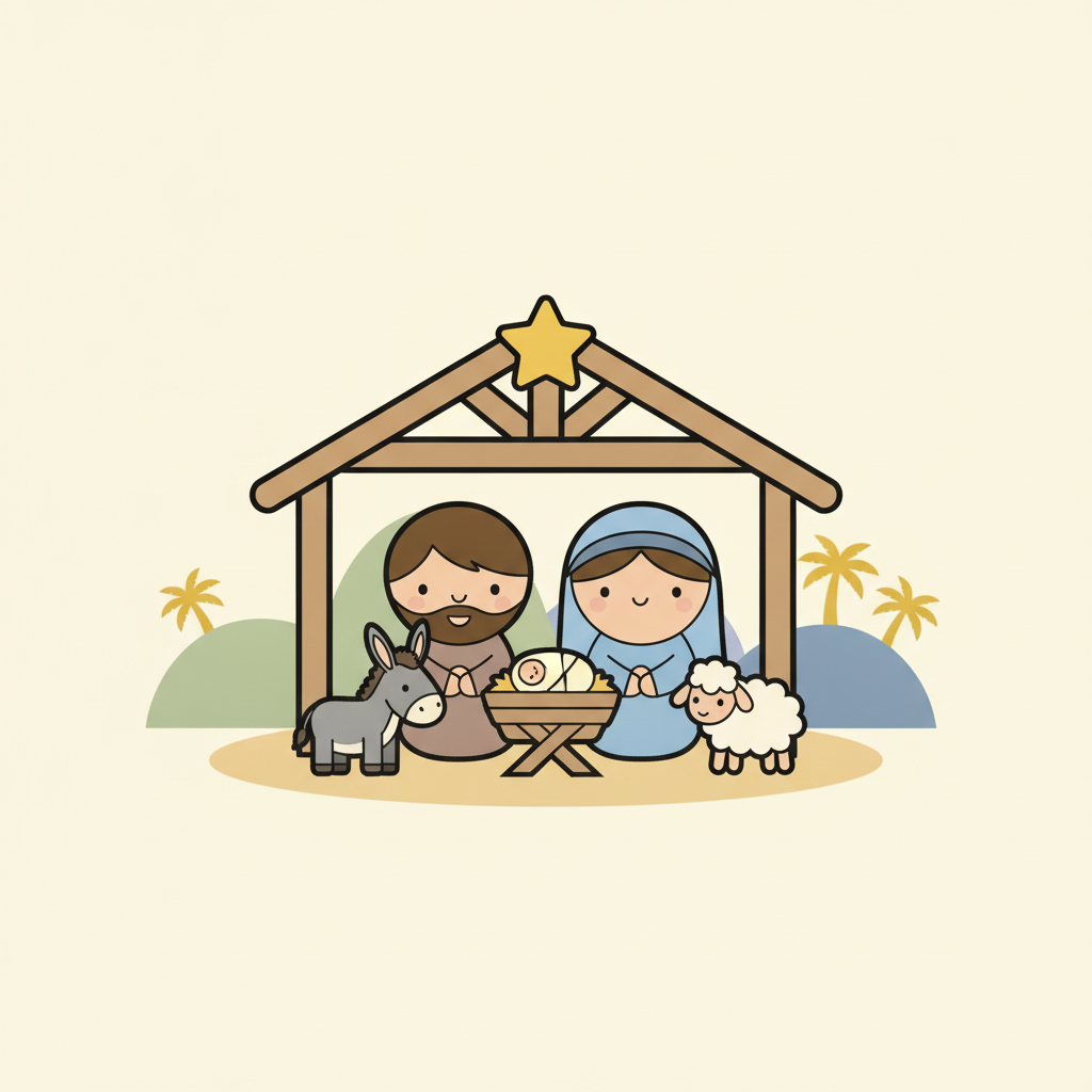 Cute flat illustration of the nativity for children with round friendly figures, a donkey, a sheep and a simple wooden stable