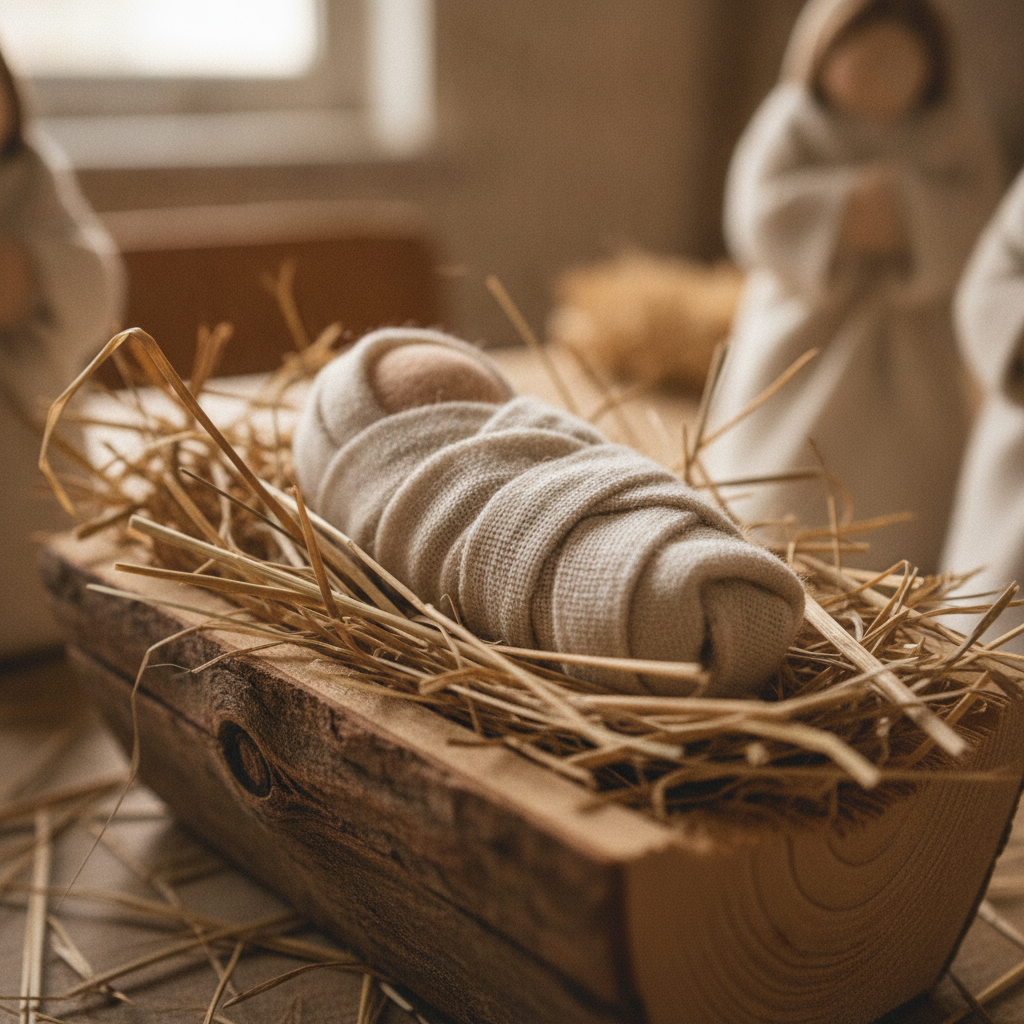 Macro photograph of a handmade felt nativity infant swaddled in linen strips lying in a straw-packed wooden manger