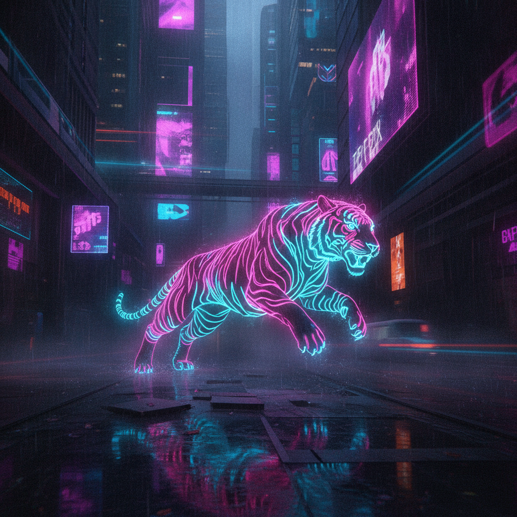 AI neon art generator output — a glowing neon-outlined tiger leaping through a dark cyberpunk alley with electric pink and cyan neon glow and wet reflective pavement