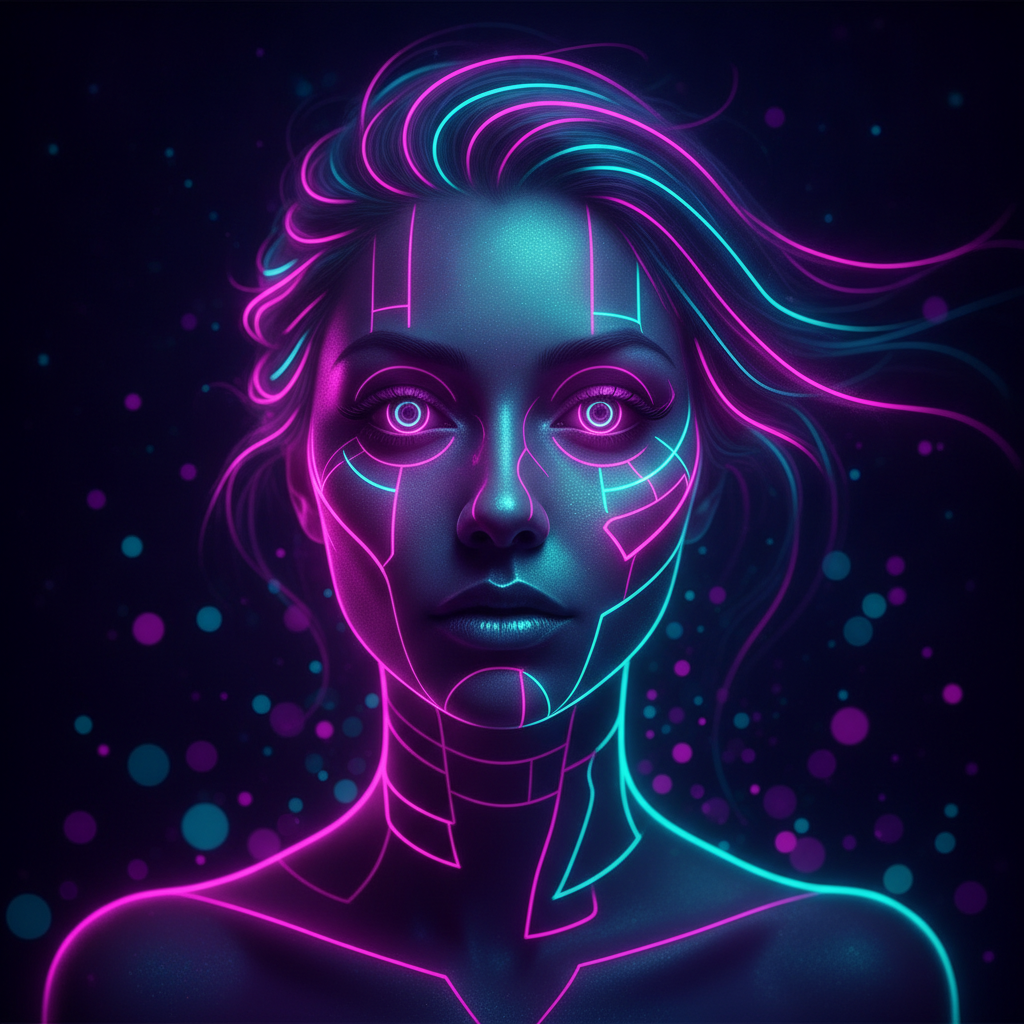 AI neon art portrait of a woman with glowing magenta and teal neon light trails wrapping around her face on a dark moody background, made with the AI neon art generator