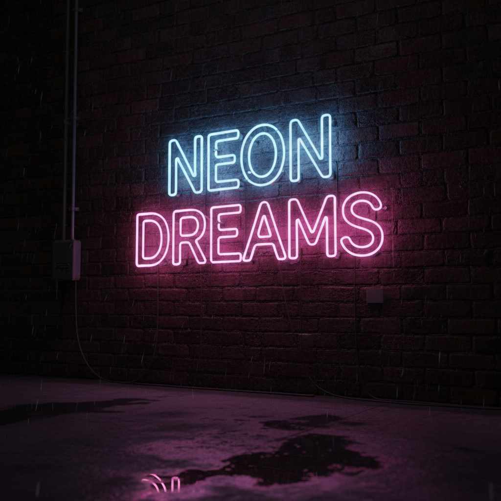 AI neon art typography poster with the glowing neon-tube text NEON DREAMS in electric blue and hot pink against a dark brick wall, created by the AI neon art generator