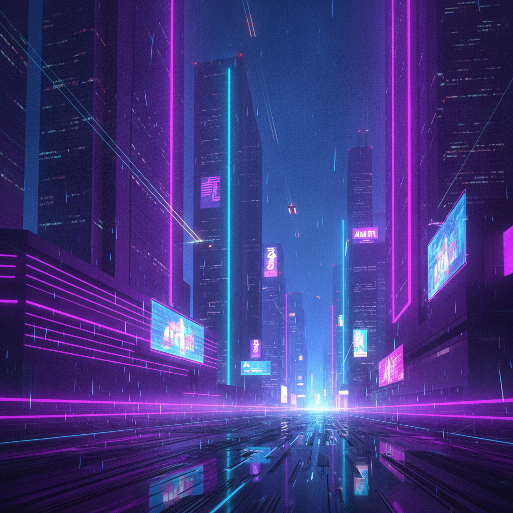 AI neon art cityscape — a futuristic synthwave skyline at night drenched in glowing purple and cyan neon with rain reflections, generated by the AI neon art generator
