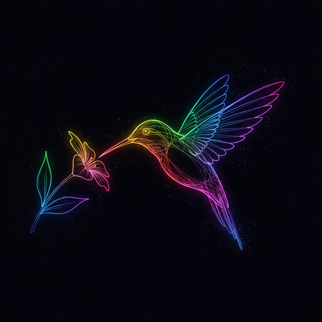 AI neon art animal — a glowing neon-outlined hummingbird made of luminous rainbow light lines on a deep black background, created with the AI neon art generator