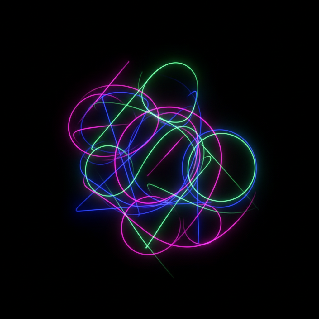 AI neon art abstract design — swirling electric green, pink and blue neon light ribbons and glowing geometric shapes on black, made with the AI neon art generator