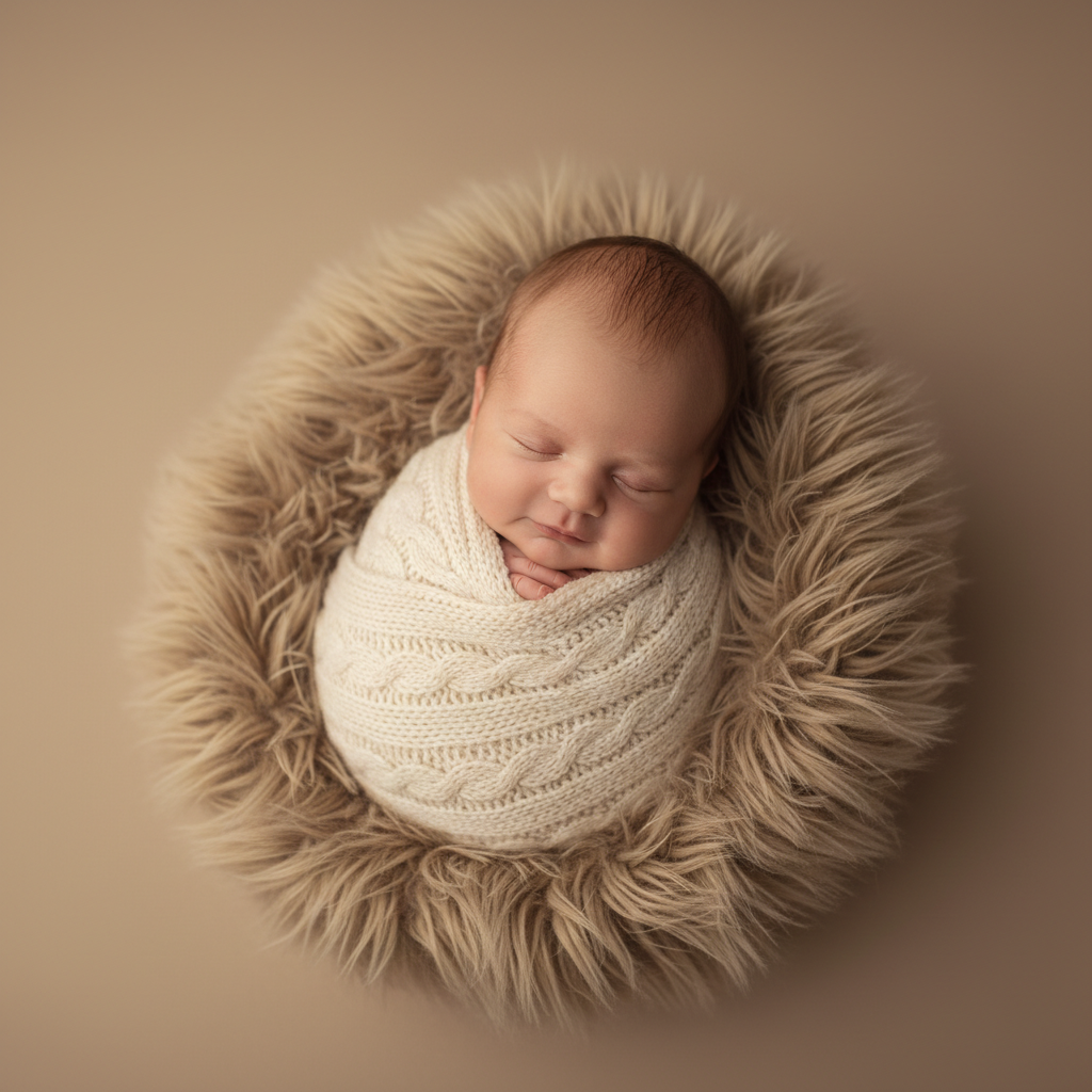 Studio-quality AI newborn photo of a sleeping baby wrapped in a soft cream knit swaddle on a fur blanket, made by the AI newborn photo generator