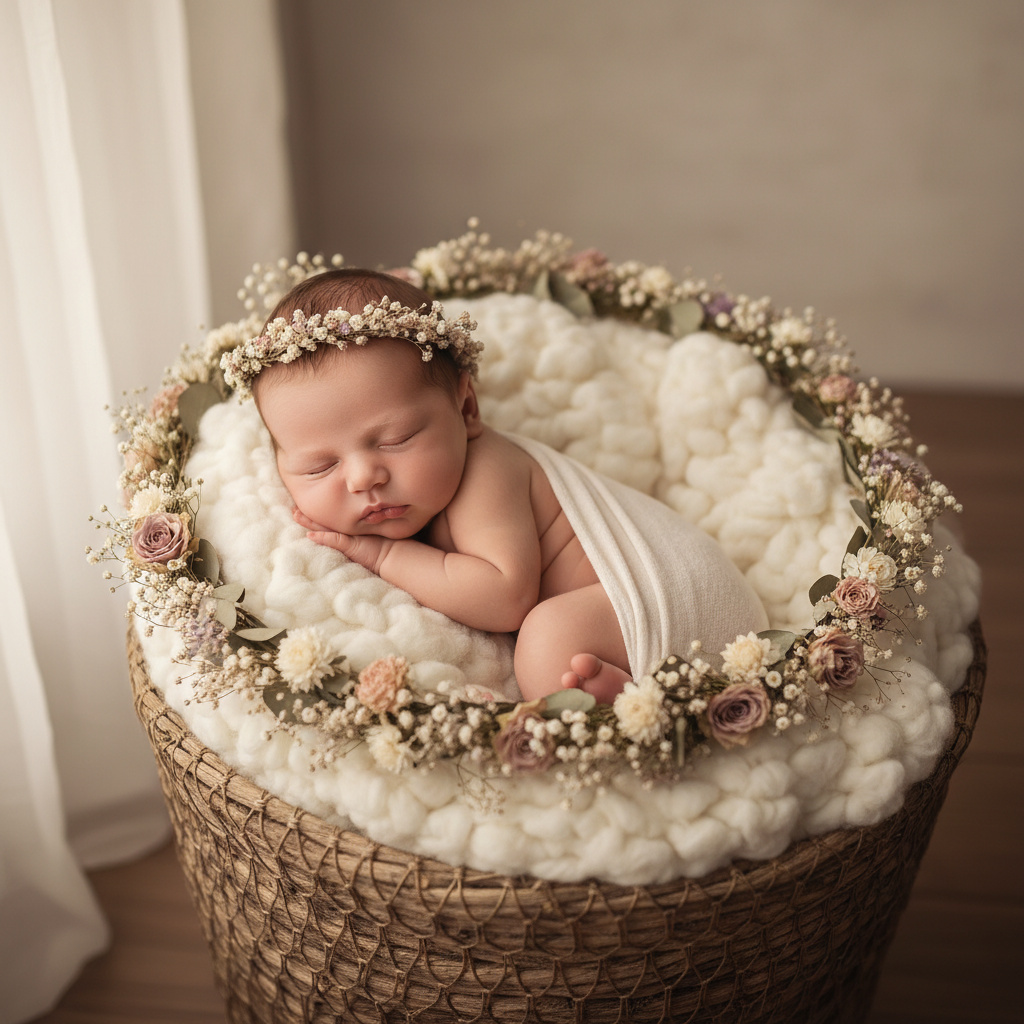 AI newborn photo of an infant curled inside a rustic woven basket with dried flowers, created by the AI newborn photo generator