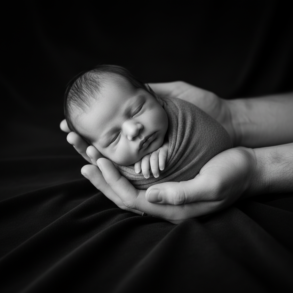 Fine-art AI newborn portrait of a baby cradled in parents hands against a dark background