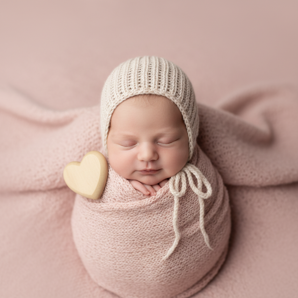 AI newborn photo generator result of a baby in a tiny knit bonnet on a soft blush-pink blanket with a wooden heart prop