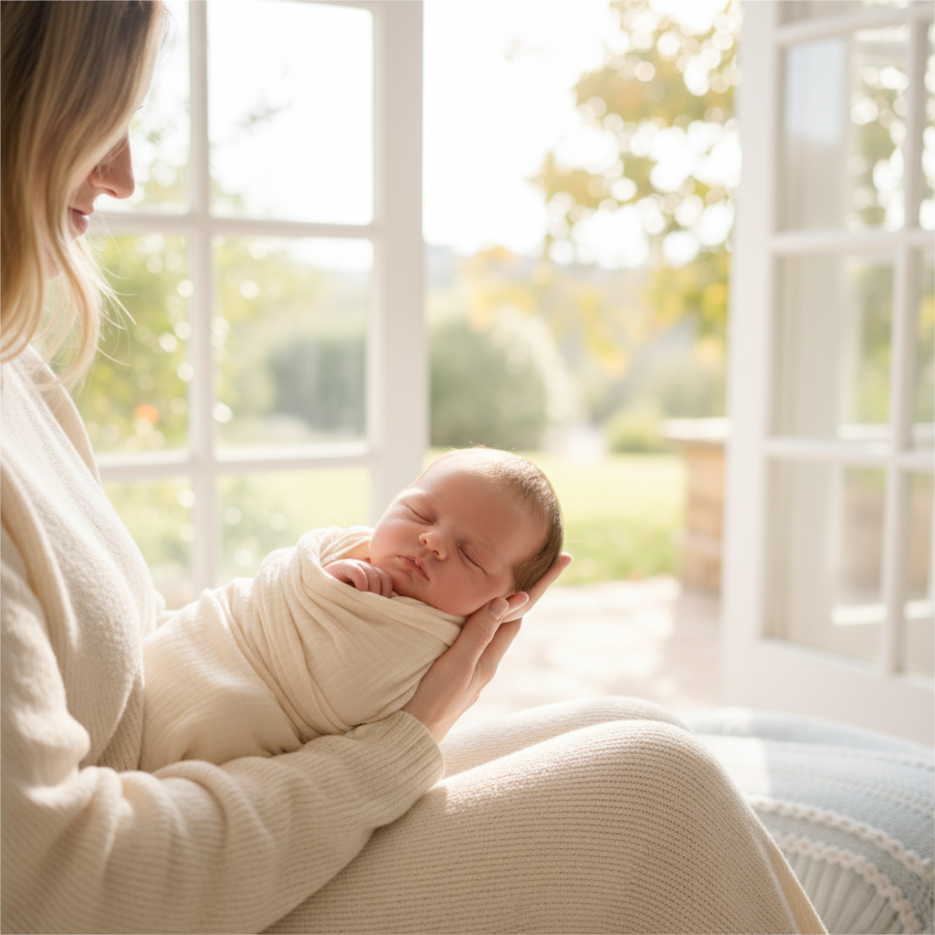 Natural-light AI newborn photo of a baby wrapped in muslin held by mother in a sunlit room
