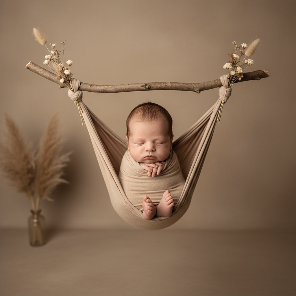 Fine-art AI newborn portrait of a baby sleeping in a soft fabric hammock on a neutral studio backdrop