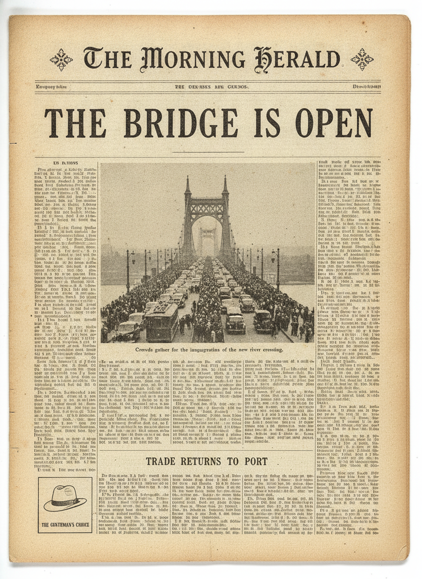 AI newspaper generator result: a vintage 1940s front page on aged cream newsprint with paper grain, yellowed edges and uneven letterpress ink. The masthead reads The Morning Herald in ornate blackletter with printers ornaments at each end, and the main headline reads THE BRIDGE IS OPEN in very large condensed serif capitals above a grainy halftone photograph of a long steel suspension bridge crowded with period cars and pedestrians on opening day. A lower sub-headline reads TRADE RETURNS TO PORT and a small advertisement box at the bottom left shows a line drawing of a hat. The two dictated headlines are perfect. The caption underneath the photograph is where this one falls apart: it reads Crowds gather for the inaugurations of the new river crossing with five of its words visibly mangled, and the date strip under the masthead is pure gibberish. The advertisement box also added the slogan THE GENTLEMANS CHOICE, which was never requested.