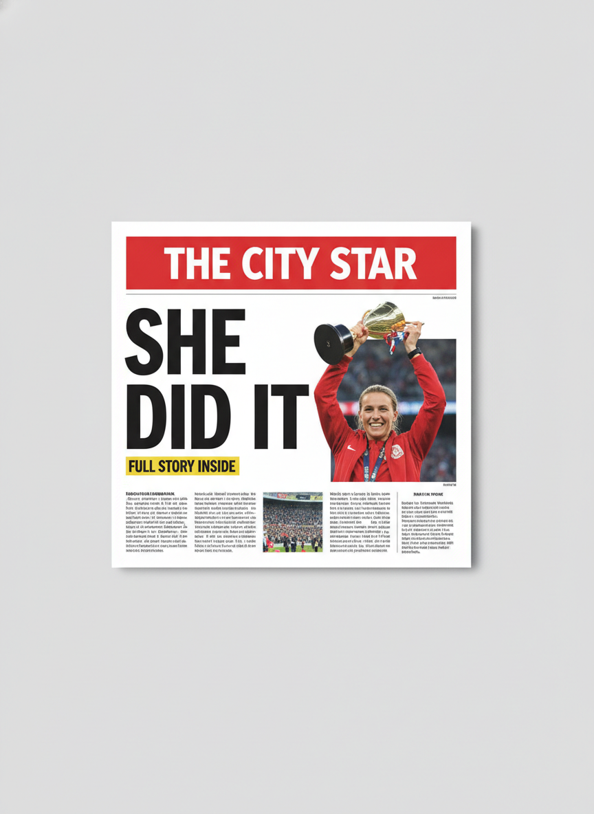 AI newspaper generator result: a tabloid cover with a solid red banner masthead reading THE CITY STAR in white sans serif capitals, an enormous black headline reading SHE DID IT stacked over two lines, a yellow highlighted strap reading FULL STORY INSIDE, and a large colour photograph of a smiling blonde athlete in a red tracksuit holding a gold trophy above her head in a stadium. Short columns of body text and an inset crowd photo run along the bottom. The dictated type is flawless and the layout is genuinely tabloid. Two serious failures. The page was rendered as a small square mock-up floating in the middle of a grey studio background, so roughly two thirds of the frame is empty and the layout is cropped, despite an explicit instruction to fill the frame edge to edge. And the athletes jacket carries a clearly recognisable sportswear swoosh and an embroidered club crest, despite an explicit instruction that no brand or trademark appear anywhere.