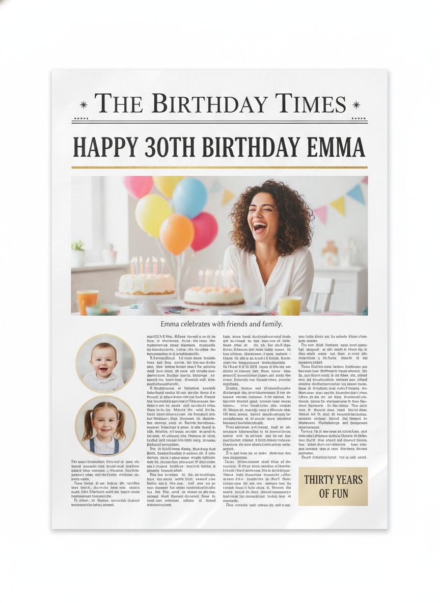 AI newspaper generator result: a personalised keepsake birthday newspaper on bright white glossy paper. The masthead reads THE BIRTHDAY TIMES in an elegant serif between two small stars, above a gold rule and a headline reading HAPPY 30TH BIRTHDAY EMMA in bold serif capitals. Beneath it a large colour photograph shows a woman with curly dark hair laughing at a party table with pastel balloons, bunting and two candlelit cakes, captioned Emma celebrates with friends and family. The lower half runs four columns of body text past two round inset photographs of a baby and a young girl, with a pale gold box in the corner reading THIRTY YEARS OF FUN. Every dictated string is spelled correctly, including the caption and the number 30TH. The drifts are compositional rather than textual: the sub-headline was folded into the gold box instead of standing on its own, and the page again floats on a white background with a glossy sheen across it rather than filling the frame.