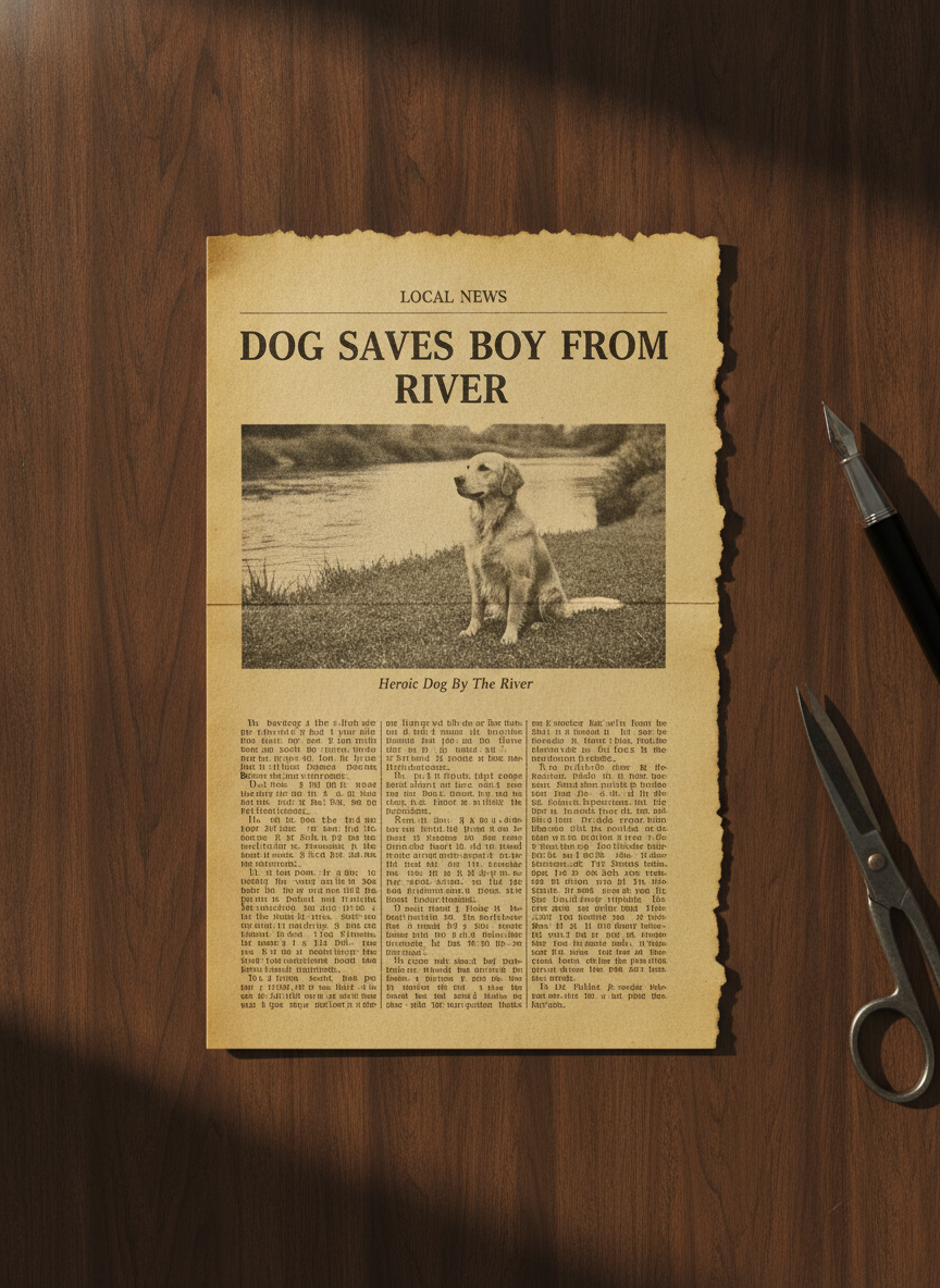 AI newspaper generator result: a photograph looking straight down at a single yellowed newspaper clipping resting on a dark walnut desk in soft warm daylight, with ragged torn edges, one horizontal fold crease and a soft shadow under the paper. The clipping carries a small section heading reading LOCAL NEWS above a rule, then a headline reading DOG SAVES BOY FROM RIVER in bold serif capitals across two lines, then a black and white halftone photograph of a golden retriever sitting on a riverbank, captioned Heroic Dog By The River, then three narrow columns of fine print. A pen and a pair of steel scissors lie on the wood beside it. This is the cleanest result in the set: every dictated word is correct, the invented caption is correct too, and the torn paper, fold and halftone all read as genuinely old. Two small drifts. The scissors and pen were asked to be cropped at the frame edge and sit fully inside it instead, and the photograph shows a dog by a river with no boy in it, which is a caption illustrating a headline rather than a scene matching one.
