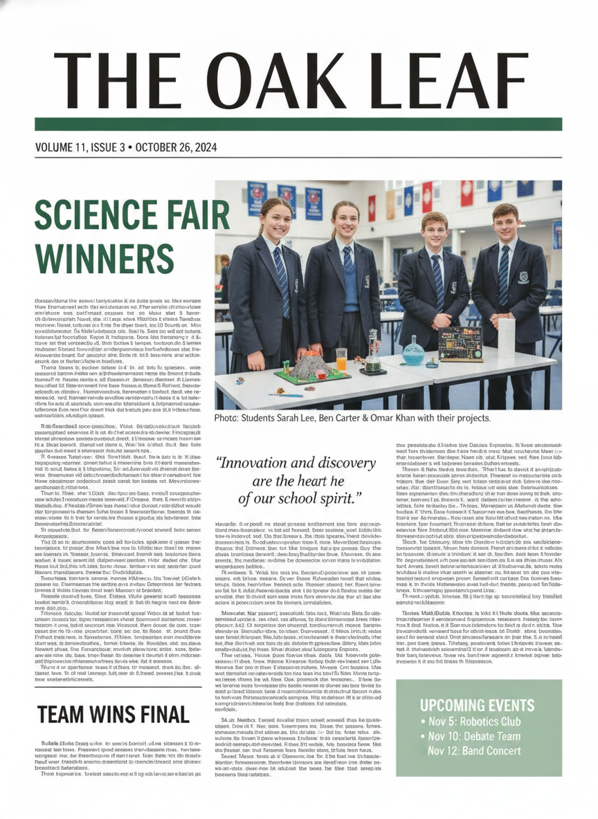 AI newspaper generator result: a clean modern school newspaper front page on bright white paper with generous white space. The masthead reads THE OAK LEAF in large modern sans serif over a deep green rule, with a line beneath reading VOLUME 11, ISSUE 3, OCTOBER 26, 2024. The lead headline reads SCIENCE FAIR WINNERS in bold green sans serif at the upper left, beside a colour photograph of students in blazers and striped ties standing behind a table of science projects including a model volcano and glass flasks, captioned Photo, Students Sarah Lee, Ben Carter and Omar Khan with their projects. Lower down are three columns of body text, an italic pull quote, a sub-headline reading TEAM WINS FINAL and a green events box listing three dated events. This is the strongest text performance here: the volume line, the caption with three invented names and the whole events box are all spelled correctly. Two flaws. The pull quote reads Innovation and discovery are the heart he of our school spirit, with a stray word wedged into it, and the caption names three students while four are standing in the photograph.