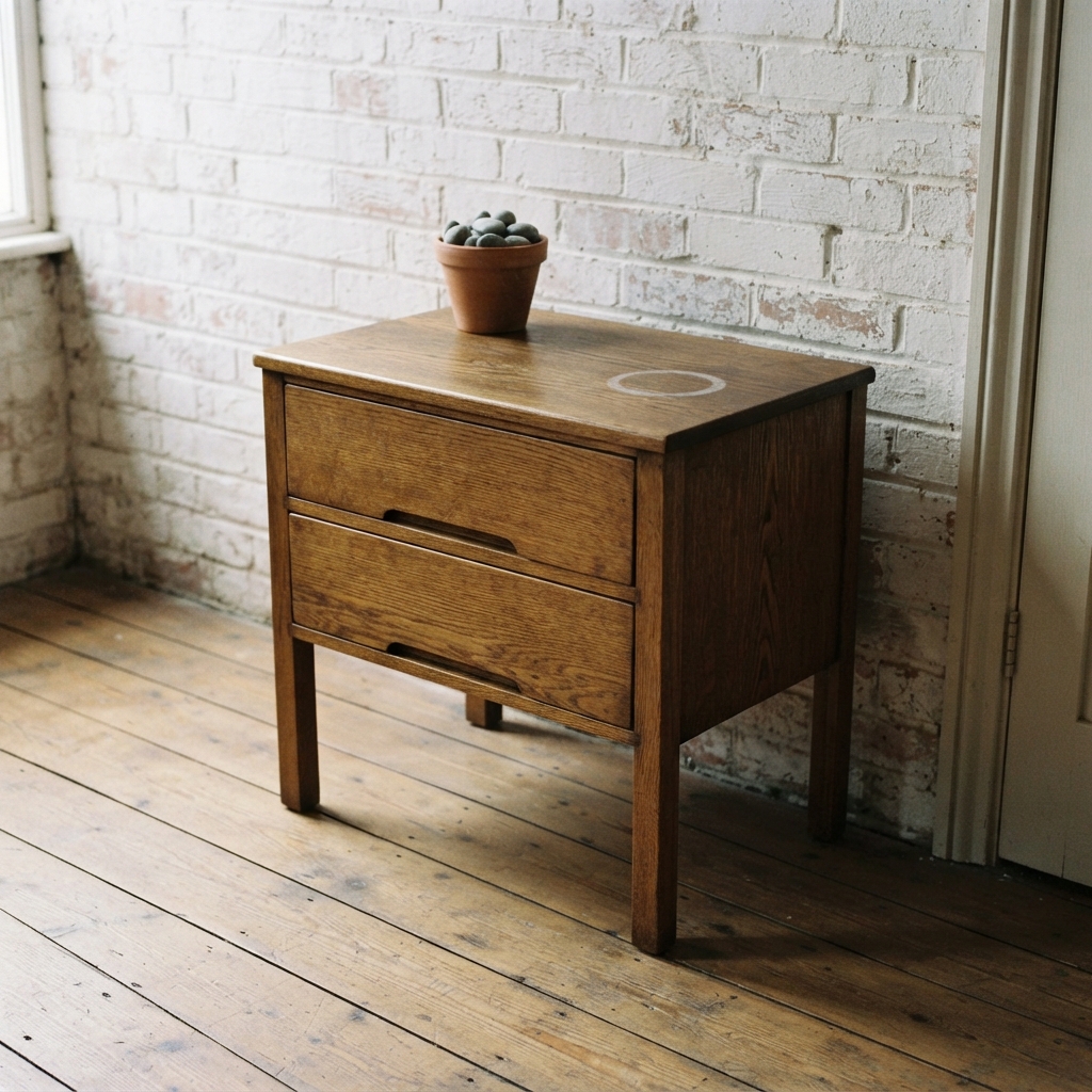 AI nightstand design generator result: aged oak two-drawer bedside table on square tapered legs against a painted brick wall
