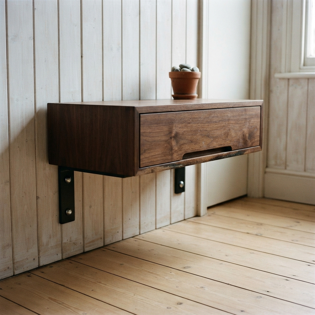 AI nightstand design generator result: wall-mounted walnut nightstand on two blackened steel L-brackets with bare floorboards running beneath it