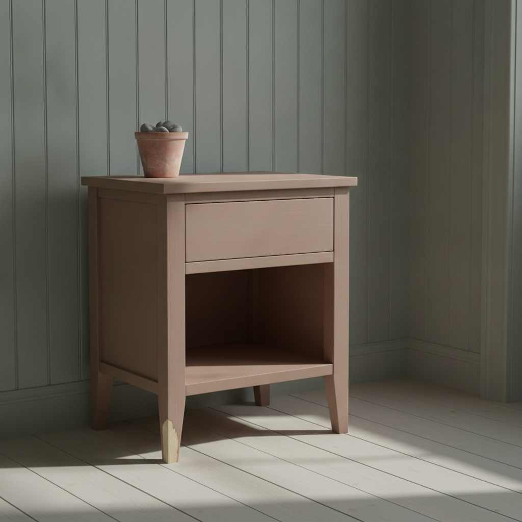 AI nightstand design generator result: clay painted nightstand with one drawer above an open niche and paint chipped back on the front foot