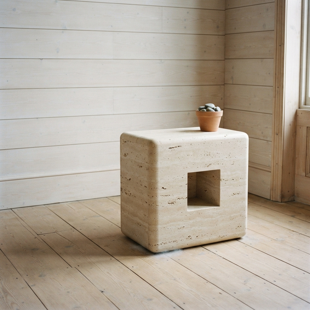 AI nightstand design generator result: solid travertine block nightstand with one square niche cut into the front and heavily rounded corners