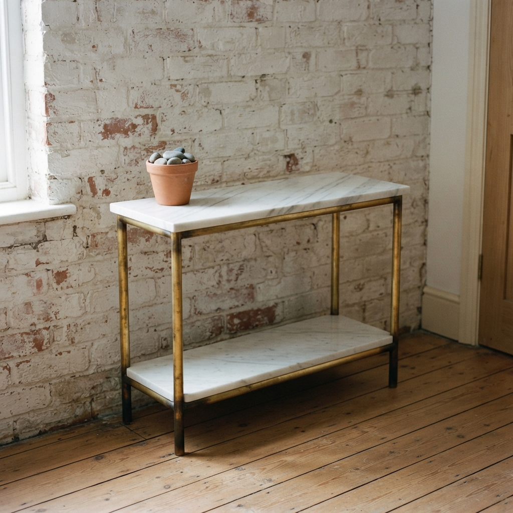 AI nightstand design generator result: brass tube nightstand with a white marble top and a lower marble shelf, standing console-wide against a painted brick wall