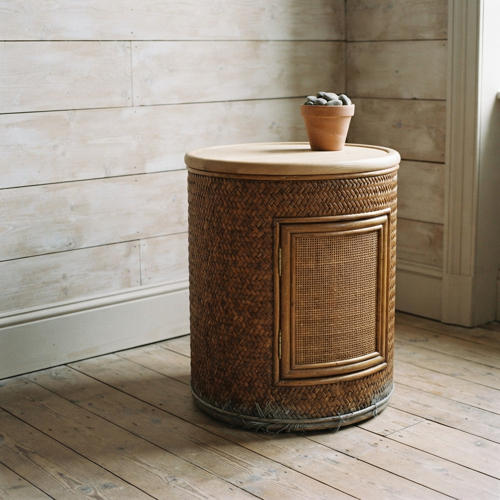 AI nightstand design generator result: round woven rattan drum nightstand with a single handleless cane door and an ash top disc