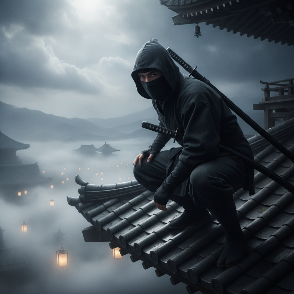 AI ninja generator result showing a person turned into a classic Japanese ninja shinobi in a black hooded outfit with a katana on their back, crouched on a moonlit temple rooftop, real face preserved