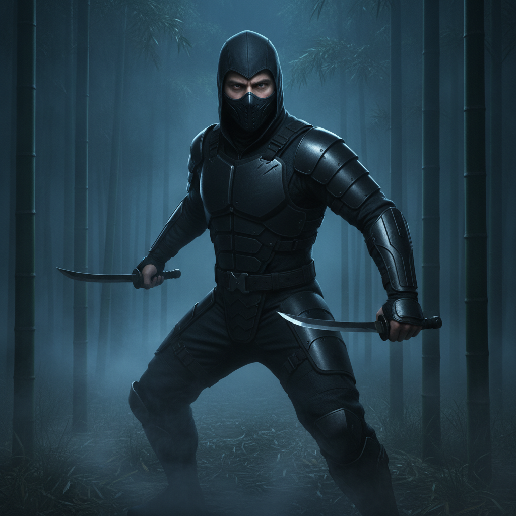 AI ninja generator result showing a person as a deadly shadow assassin ninja in matte-black stealth gear with dual short blades in a dark misty bamboo forest, real face kept recognizable