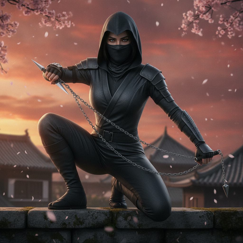 AI ninja generator result showing a person as a fierce female ninja kunoichi in a fitted dark outfit holding a kunai, perched on a stone wall under a sunset sky with cherry blossoms, real facial features recognizable