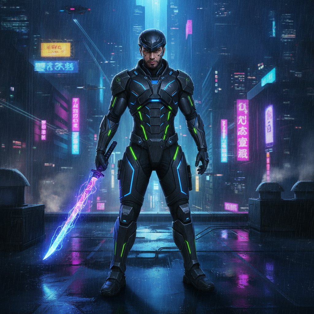 AI ninja generator result showing a person as a futuristic cyber ninja in high-tech black armor with glowing neon accents and an energy katana on a rain-slicked neon city rooftop, real facial features recognizable