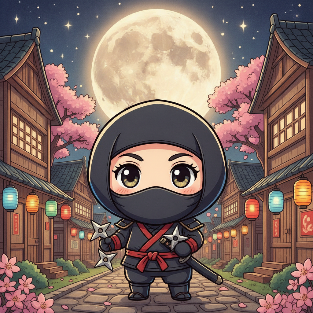 AI ninja generator result showing a person as a cute anime-style chibi ninja with a little black hood and tiny throwing stars in a colorful cartoon Japanese village at night, real facial features recognizable
