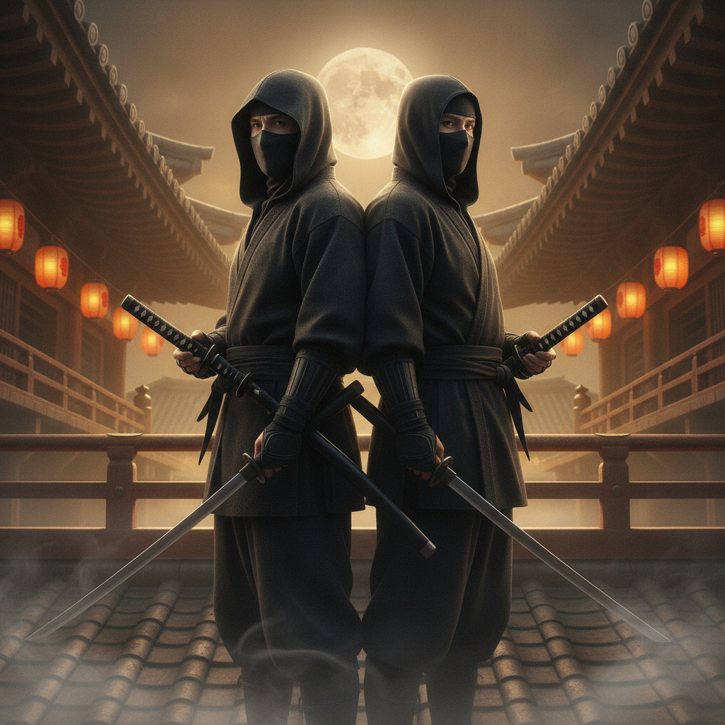 AI ninja generator result showing a couple turned into two matching ninja standing back to back in black shinobi outfits with katanas on a moonlit temple rooftop, both real faces preserved