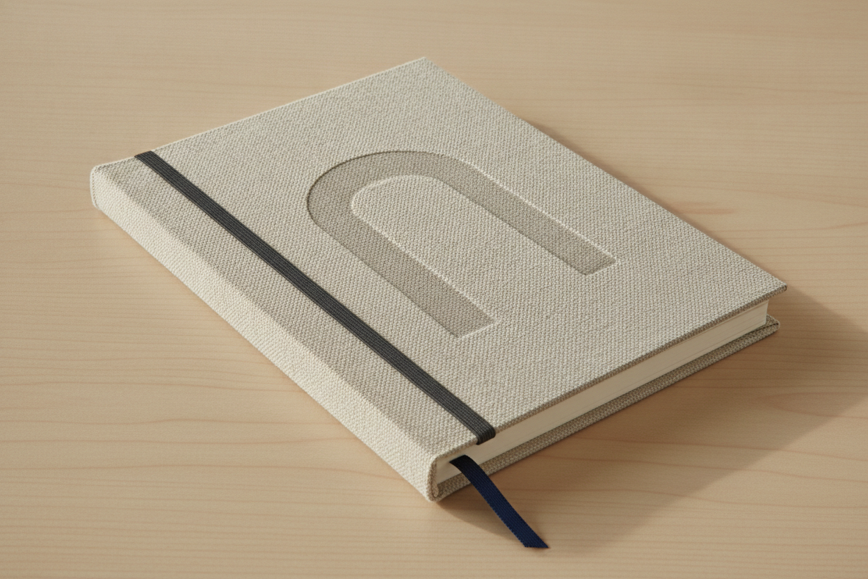 AI notebook cover design generator result: a case-bound hardcover notebook in coarse oatmeal linen bookcloth on a pale oak desk, with a blind-debossed arch motif, a charcoal elastic band and a navy ribbon marker. The bookcloth is the part that convinces, a real woven slub with the light catching individual threads, and the rounded square spine, the cream page block and the ribbon leaving the tail edge are all built the way a case binding actually is. Two things are wrong in ways worth knowing. The elastic sits about two centimetres from the spine instead of near the fore-edge, where an elastic has to sit to hold anything shut — as drawn it would keep the book open rather than closed. And look at the arch: the linen weave runs straight through the impression undisturbed, whereas a real blind deboss crushes and stretches the cloth into the die, which is the difference between a finish and a picture of one