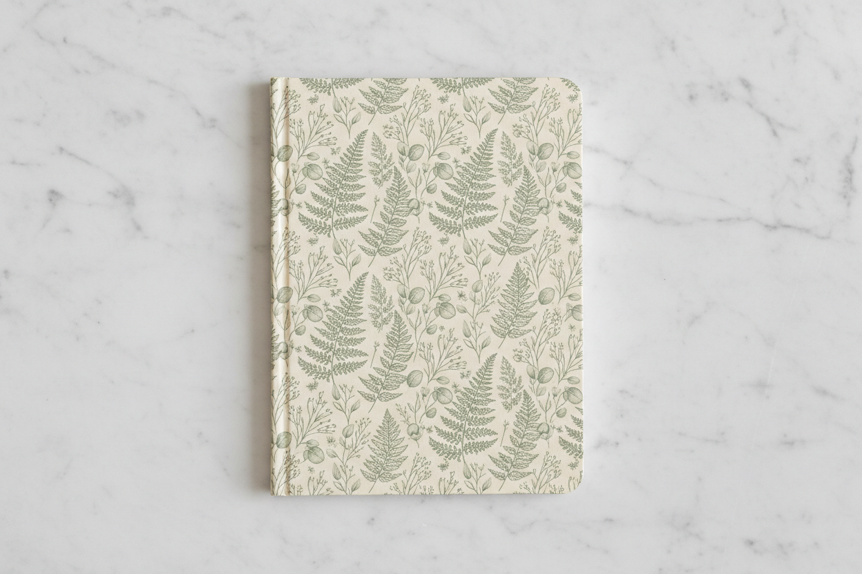 A matte softcover notebook shot straight down on marble, printed edge to edge with fine line-drawn ferns, eucalyptus and seed heads in sage on bone. The matte laminate brief held exactly: no highlights, no reflections, no gloss anywhere, and the line work stays crisp at the smallest seed head. What it is not is a repeat. Every fern on this cover is drawn once and placed by hand, so there is no tile, no repeat unit and no way to run the artwork onto a second product or a longer sheet without the seams showing. It is a picture of a pattern rather than a pattern. The left edge also softens into a rounded fold instead of the flat glued spine that was asked for, so the binding in the frame is not the binding in the prompt