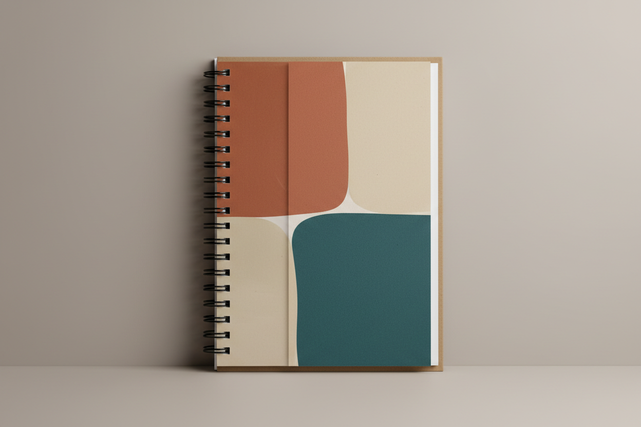 A wire-O notebook leaning against a studio wall, and the frame where the preset failed at precisely the thing it was written to demonstrate. The instruction was that the artwork must begin well clear of the coil; instead the terracotta block runs straight into the punched edge and disappears under the loops, which on a real wire-O means the left strip of your design is punched through and swallowed by the binding. The loops themselves are open hooks rather than closed twin loops, they sit on the surface rather than passing through visible punched holes, and the white page block projects past the cover on the fore-edge, which is backwards — covers are cut larger than the paper, not smaller. The abstract colour blocking and the uncoated paper texture are genuinely good; the binding is decoration
