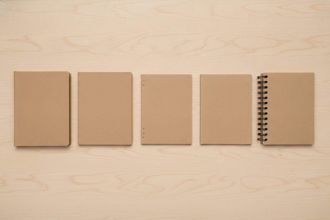 The binding comparison row: five identical blank kraft notebooks were specified, differing only in binding, and what came back is a lesson in reading comparison renders sceptically. The saddle-stitched booklet in the middle is correct, with two wire staples visible on the folded edge, and the hardcover on the left has its rounded square spine. After that it falls apart. The disc-bound notebook that was asked for in the fifth slot does not exist; the wire-O has drifted into its place, bound with a single round spiral rather than twin loops that sit on the cover instead of through it; and books two and four are now visually identical, so the pair that should have contrasted a glued spine with a mechanical one contrasts nothing. The sizes and gaps are uneven too. The deeper mistake is mine rather than the model. Binding lives in the spine, and this was shot from directly overhead, where a spine is the one thing you cannot see