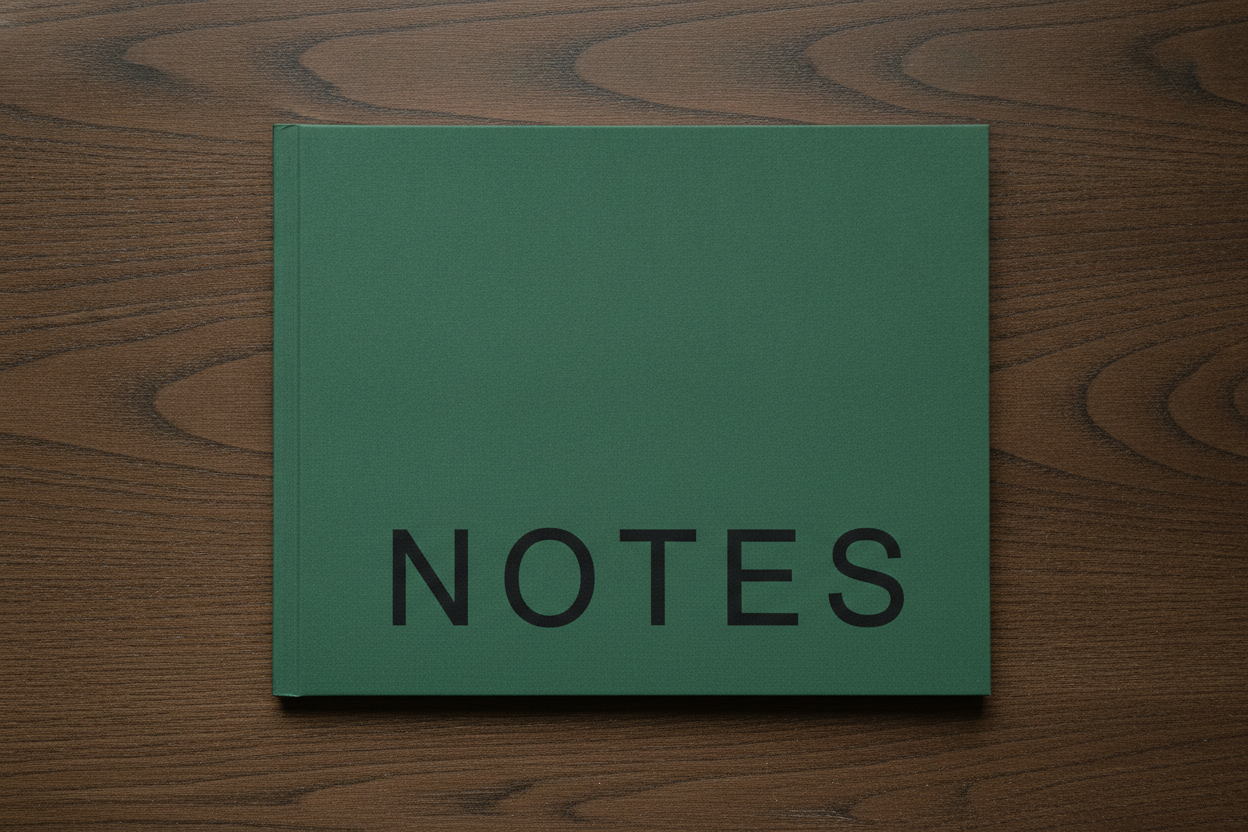 A plain green softcover carrying the single word NOTES, spelled correctly on the first attempt in five evenly spaced capitals. Five common capitals set large and alone on a clear surface is the safe end of what this model does with type, and a real book title, a subtitle, a year or an author name is where it starts doubling and inventing letters. Two specifications drifted quietly, which is the useful part. The deep forest green came back a lighter sage pine, the same colour substitution that turns a specified charcoal into slate blue elsewhere in this series. And the notebook is landscape, because orientation was never stated in the prompt — a reminder that trim size and orientation are specs you write down, not things a render decides for you. The word also sits lower and further right than centred, close enough to the trim edge that on a real print run it would need moving in
