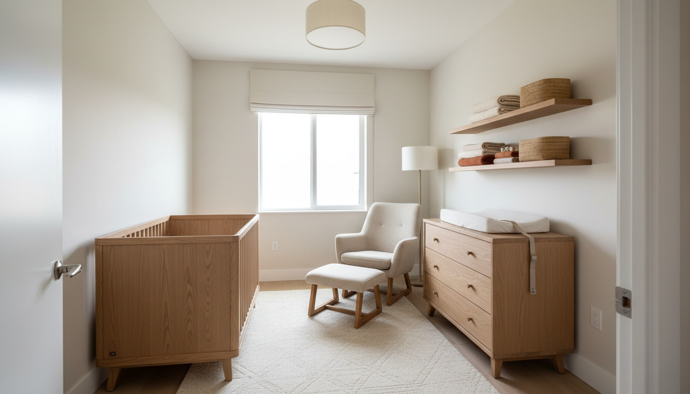 AI nursery design generator result: a warm neutral nursery seen from the doorway, with a light oak slatted crib along the left wall, a bouclé glider and ottoman in the corner under a floor lamp, a wide oak changing dresser on the right with a contoured pad, two floating shelves holding folded textiles and woven baskets, a cream wool rug and a half-lowered roller blind. The room is the most convincing of the six and the crib is the least finished thing in it. There is no mattress in it at all, so the one surface the entire room exists to serve is missing, and the long side facing the camera is a solid panel where the far side is slatted. A small dark badge has appeared on the lower right of that panel, which is the no-logo instruction leaking. The dresser was asked for with a visible anti-tip bracket and stands entirely free of the wall with nothing holding it, while the strap that is drawn hangs loose off the front of the changing pad rather than across it. The floor lamp has no cord and no visible base. The two floating shelves are different lengths and do not share a left edge. There are two receptacles on the walls, at two different heights.